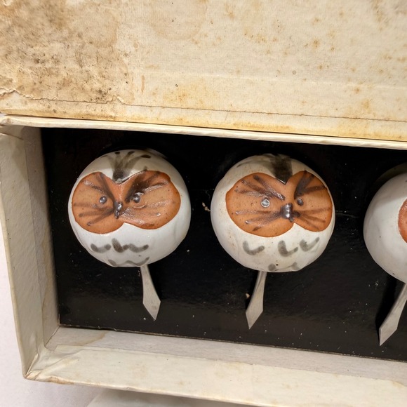 Vintage '72 Fitz & Floyd Owl Corn Holders 4 Pair Japan Pottery whimsical‎ w/ box - Picture 2 of 16